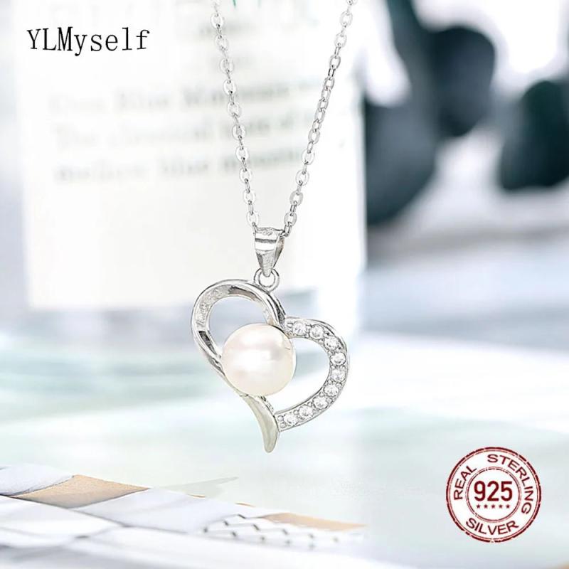 Solid 925 Silver Necklace 45+5cm Chain 8mm Freshwater Pear/Zircon Heart Pendant