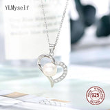 Solid 925 Silver Necklace 45+5cm Chain 8mm Freshwater Pear/Zircon Heart Pendant