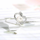 Solid 925 Silver Necklace 45+5cm Chain 8mm Freshwater Pear/Zircon Heart Pendant