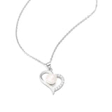Solid 925 Silver Necklace 45+5cm Chain 8mm Freshwater Pear/Zircon Heart Pendant