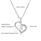 Solid 925 Silver Necklace 45+5cm Chain 8mm Freshwater Pear/Zircon Heart Pendant