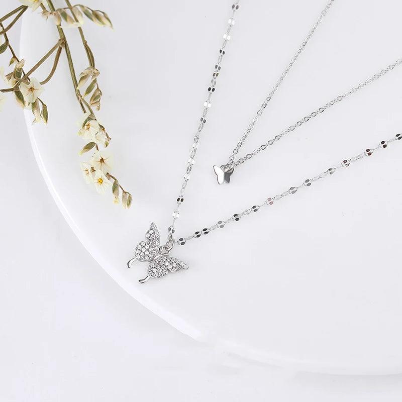 Hiyong Butterfly Pendant Necklace Double Layer Women Silver Jewelry