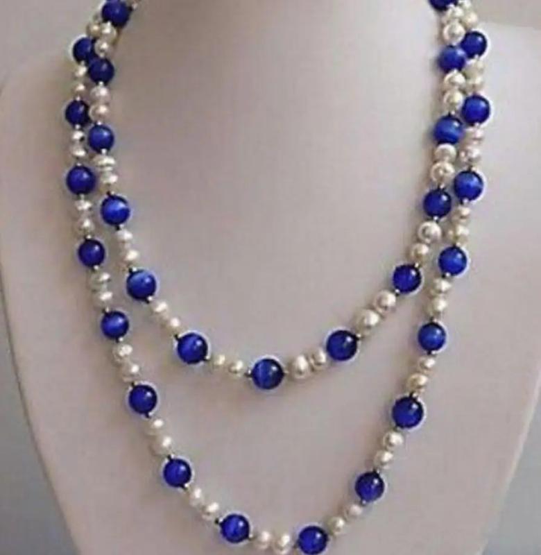 48in Pearl & Blue Opal Necklace 7-8MM