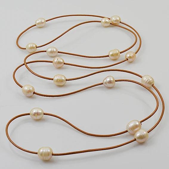 Leather Pearl Necklace Pink Rice Freshwater Pearl Brown Leather Jewelry
