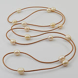 Leather Pearl Necklace Pink Rice Freshwater Pearl Brown Leather Jewelry