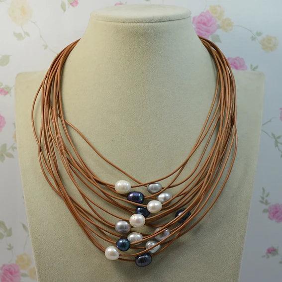 AA Leather Pearl Necklace Multicolor Freshwater Pearl Rope Necklace