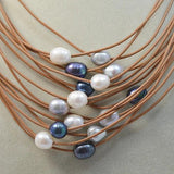 AA Leather Pearl Necklace Multicolor Freshwater Pearl Rope Necklace
