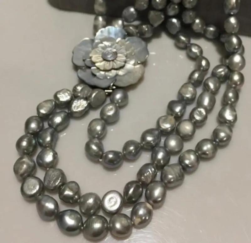 HandNEW 3rows Natural Gray Freshwater Pearl Necklace 20inches