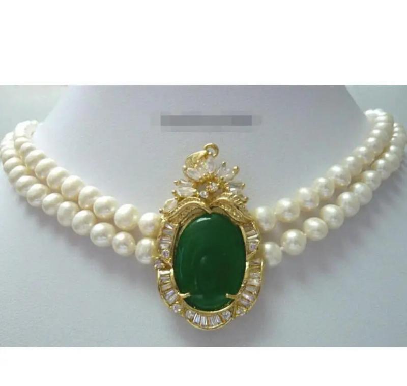 2 Row Pearl Emerald Green Jade Necklace