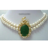 2 Row Pearl Emerald Green Jade Necklace