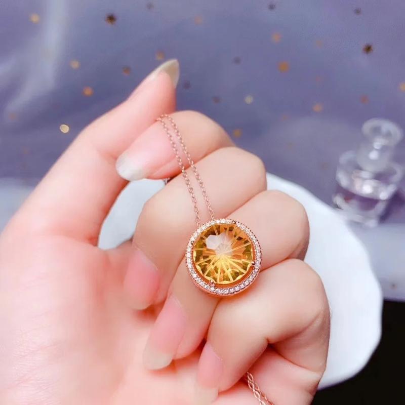 Natural Yellow Citrine Pendant Necklace, Round Gemstone Fine Jewelry