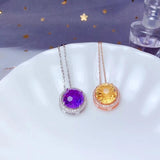 Natural Yellow Citrine Pendant Necklace, Round Gemstone Fine Jewelry