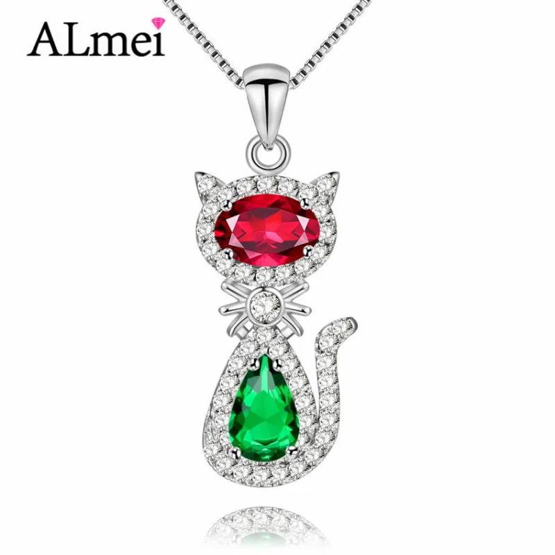 Almei Red Green Cat Pendant Diopside Necklace 925 Sterling Silver CN033