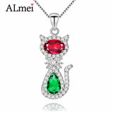 Almei Red Green Cat Pendant Diopside Necklace 925 Sterling Silver CN033