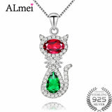 Almei Red Green Cat Pendant Diopside Necklace 925 Sterling Silver CN033
