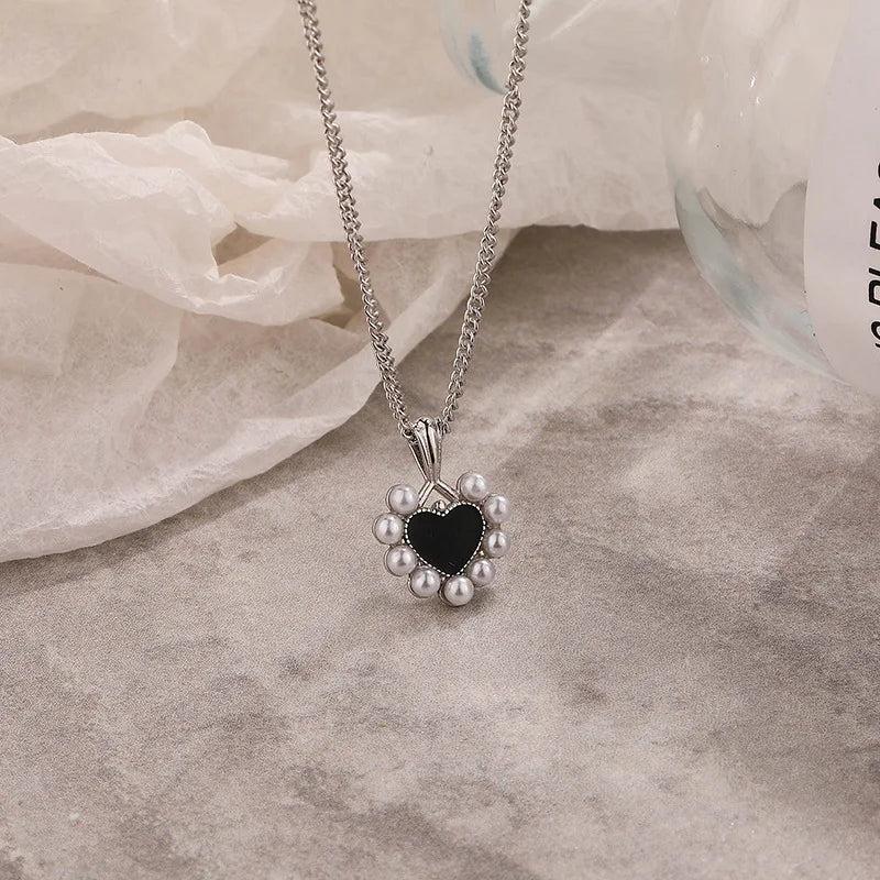 925 Silver Necklace Heart Pendant Shell Pearl Choker