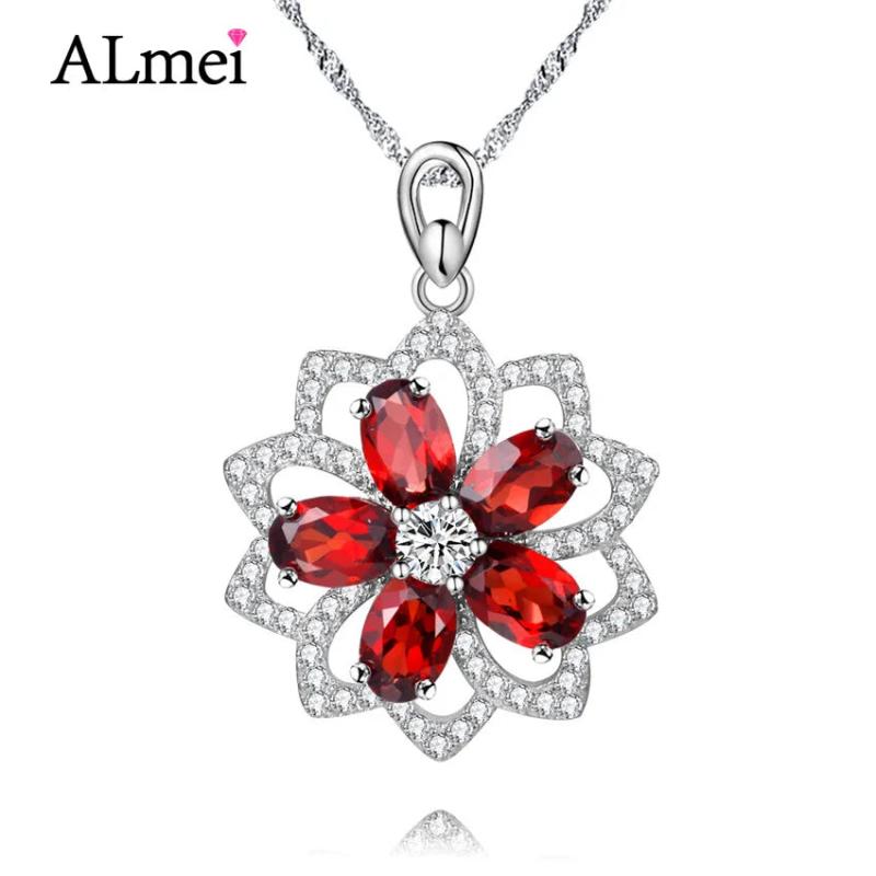 Almei 2.5CT Red Garnet Sunflower Pendant Necklace 925 Sterling Silver