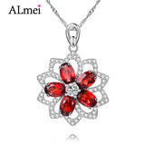 Almei 2.5CT Red Garnet Sunflower Pendant Necklace 925 Sterling Silver