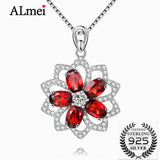 Almei 2.5CT Red Garnet Sunflower Pendant Necklace 925 Sterling Silver