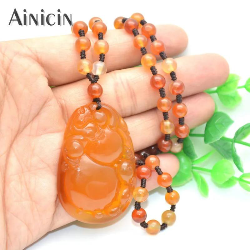 Red Agate Chalcedony Carved Pendant Necklace 24'' Beaded Chain Ethnic Jewelry