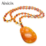 Red Agate Chalcedony Carved Pendant Necklace 24'' Beaded Chain Ethnic Jewelry