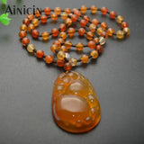 Red Agate Chalcedony Carved Pendant Necklace 24'' Beaded Chain Ethnic Jewelry