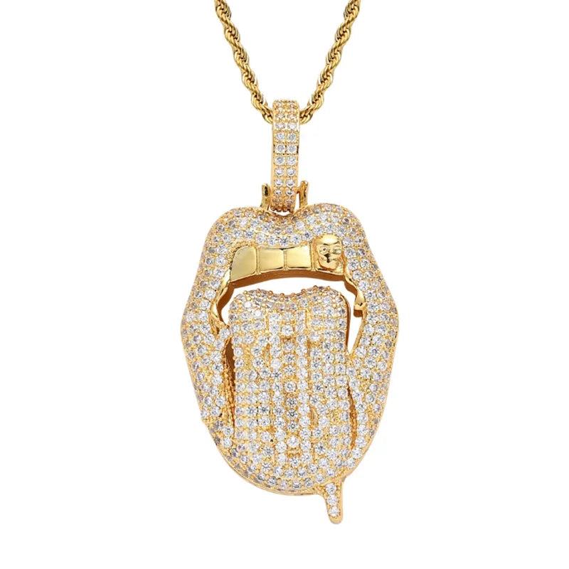 Hip Hop Dollar Lips Pendant Rhinestone Necklace Chain