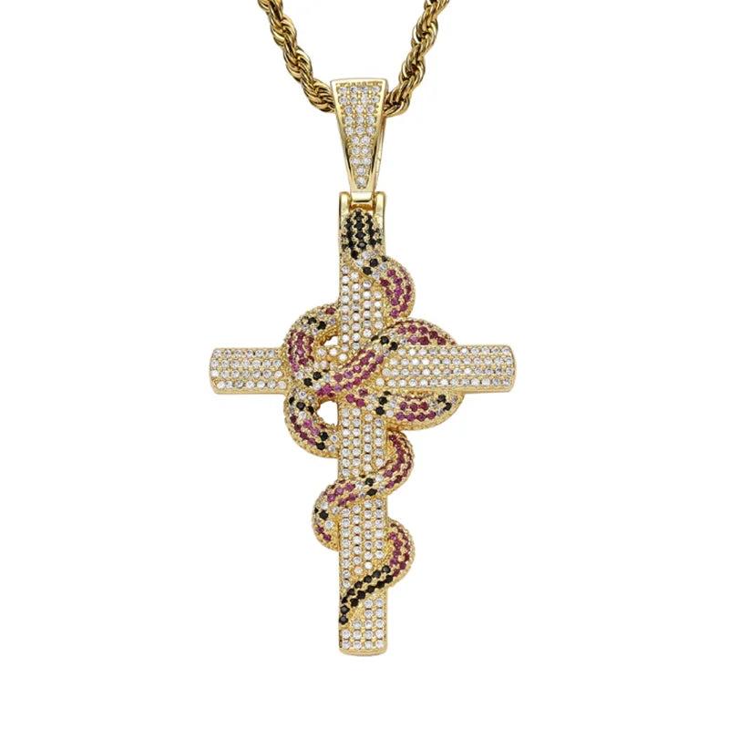 Hip Hop Snake Cross Pendant Necklace Ice Out Charm Chain Jewelry
