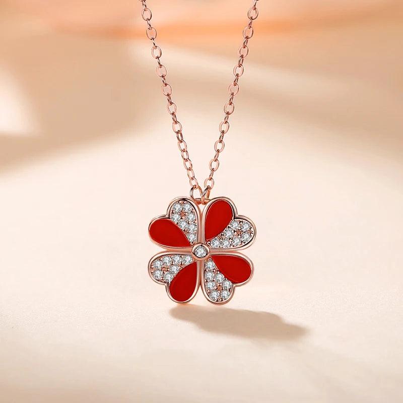 Sterling Silver Four Leaf Clover Necklace with Red Agate Pendant