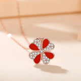 Sterling Silver Four Leaf Clover Necklace with Red Agate Pendant