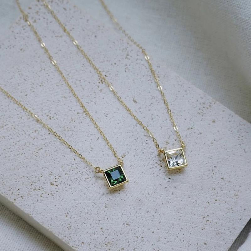 925 Silver Square Necklace Diamond Pendants Jewelry Women Clavicle Chain
