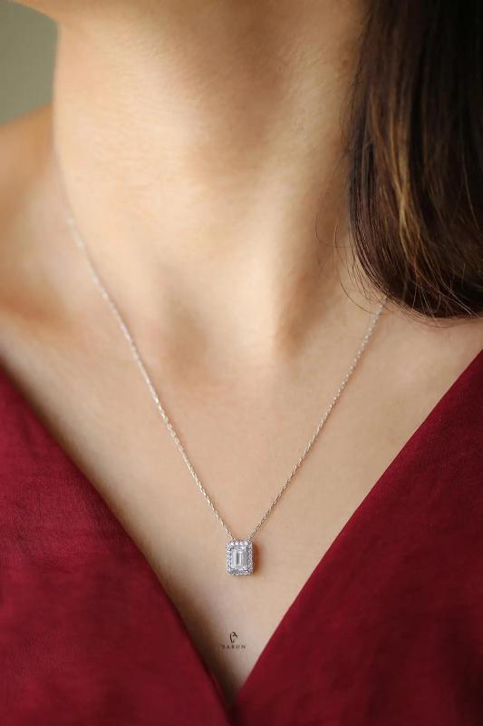 Baguette Pendant Necklace, 925 Sterling Silver Rhodium Plated