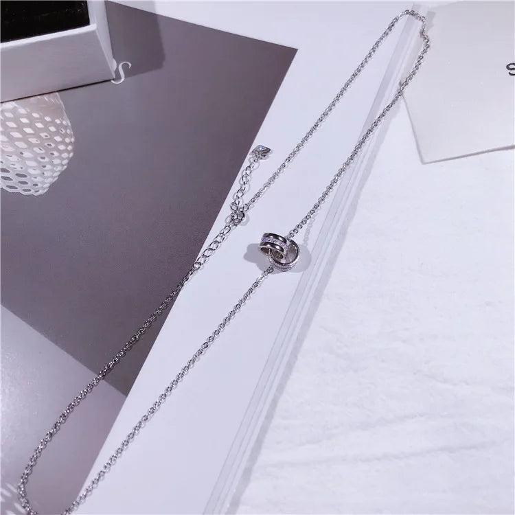 Double Zircon Circles Pendant 925 Sterling Silver Necklace