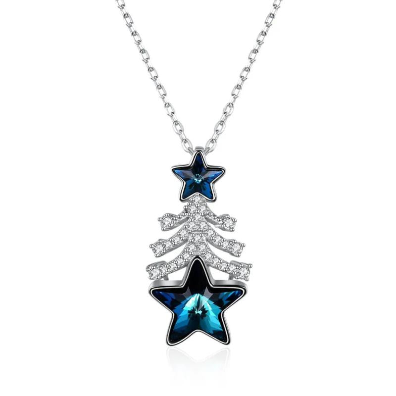 Women Necklace 925 Silver Crystal Stars Zircon Christmas Tree Pendant