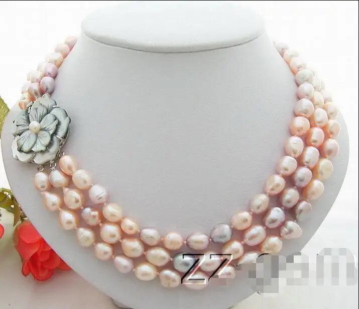 3Strds PINK Baroque Pearl Necklace-Cameo Clasp