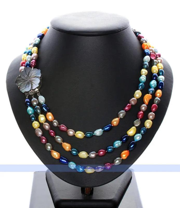 Multicolor Pearl Necklace 3 Strands 8-11mm Natural