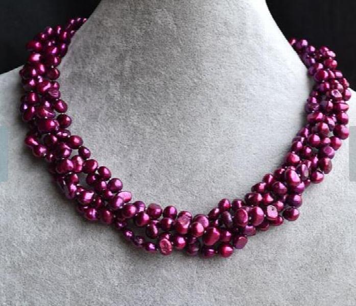 Freshwater Pearl Necklace 4 rows Baroque Amaranth 7mm Bridesmaid Jewelry