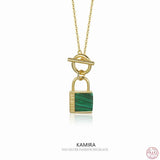 925 Silver Gothic Green Malachite Lock Pendant Necklace for Women