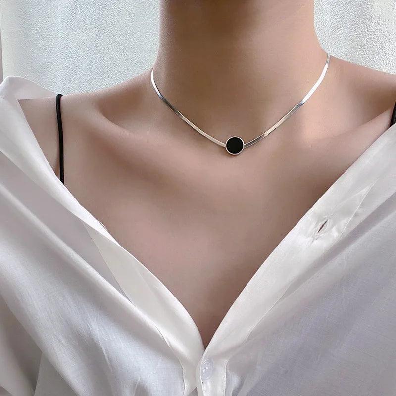 925 Silver Blade Chain Choker Necklaces Round Tag Short Chokers