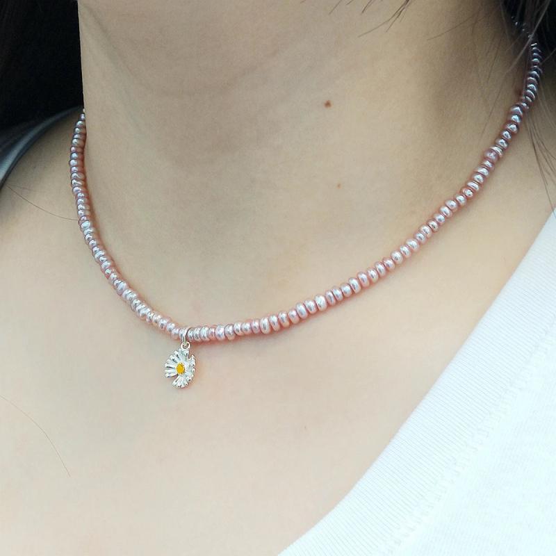 Purple Pink Choker Necklace Real Pearl 925 Sterling Silver Daisy Pendant