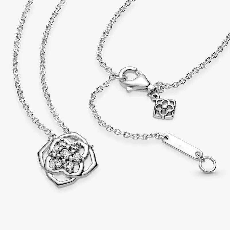 925 Silver Rose Petals Necklace Beaded Chain for Women
