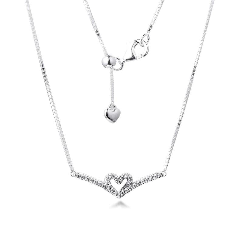 Sparkling Wishbone Heart Necklace 925 Sterling Silver Jewelry