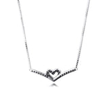 Sparkling Wishbone Heart Necklace 925 Sterling Silver Jewelry