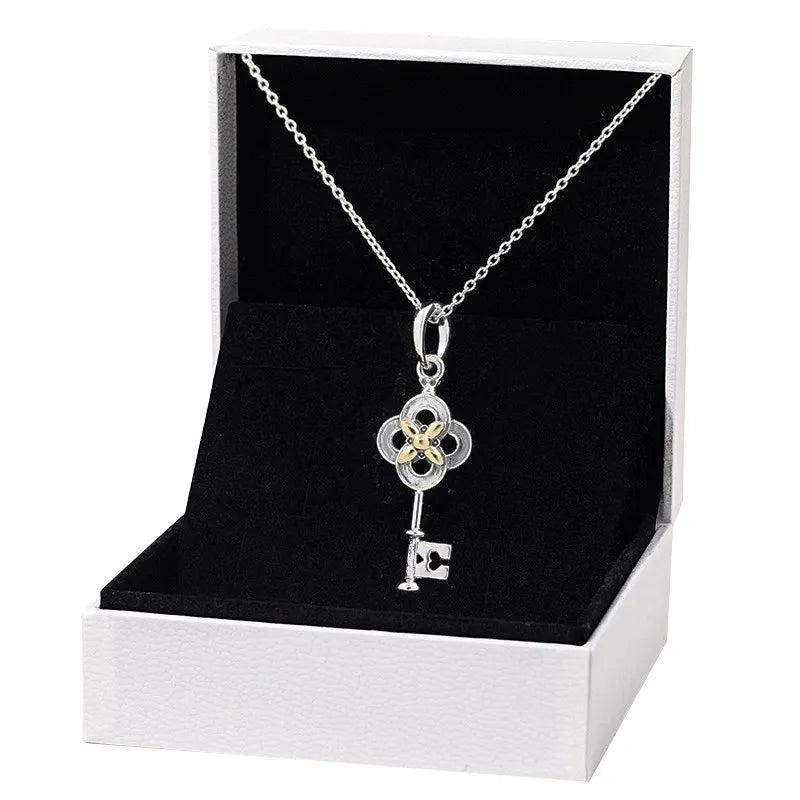 925 Sterling Silver Spring Key & Flower Necklace