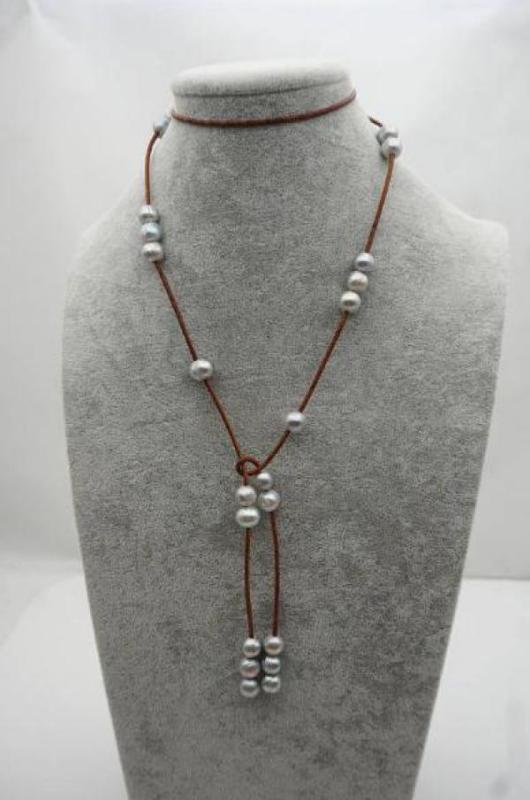 Gray Freshwater Pearl & Leather Lariat Long Necklace Women Gift