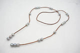 Gray Freshwater Pearl & Leather Lariat Long Necklace Women Gift