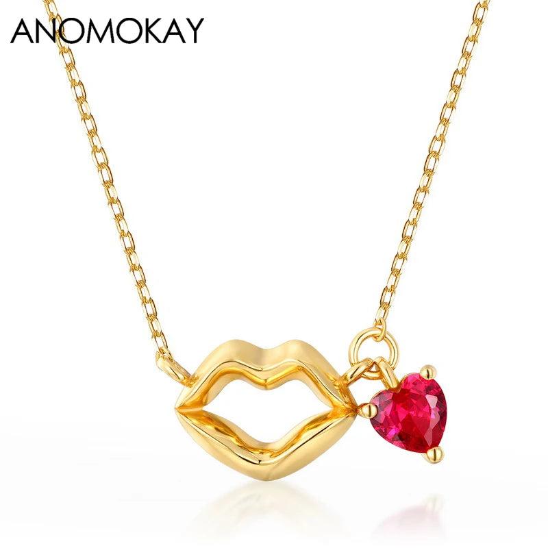 Anomokay Sexy Lips with Heart Ruby Corundum Necklace 925 Sterling Silver