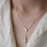 925 Silver Zirconia Triangle Pendant Necklace Y Shape 14K Stylish Jewelry