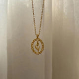 Tulip Flower 925 Silver Necklace Oval Lace Border Pendant