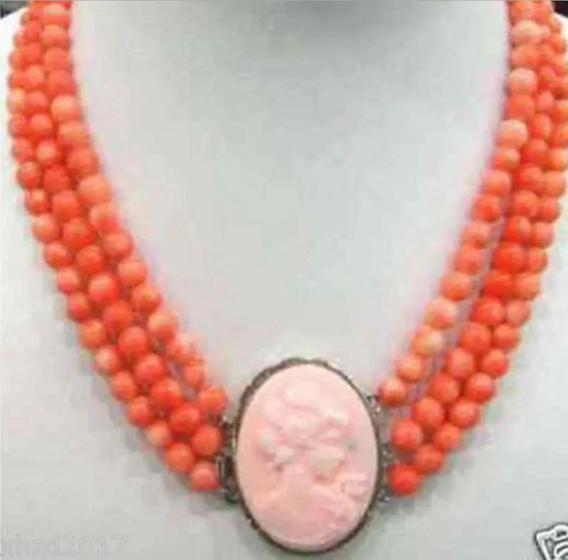3 Rows 6-7mm Pink Coral Beads Necklace